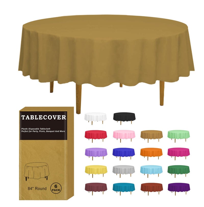 DZ D&Z Plastic Table Cloth Disposable, 6 Pack Gold Round Tablecloth Individually Wrapped for Indoor&Outdoor, 84 Inch Table Cover for Party, Picnic, Birthday, Wedding & Dinner - Image 1